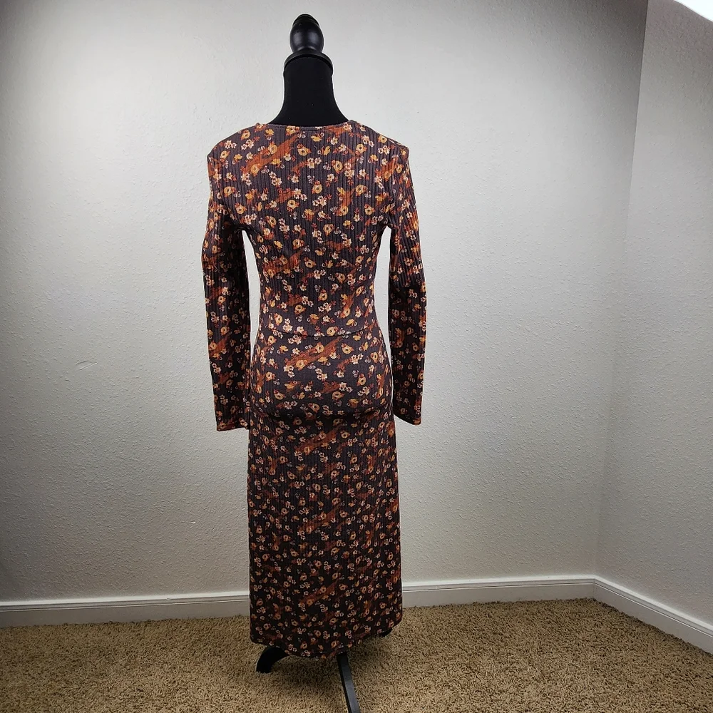 Retro 70's Brown Orange Floral Long Sleeve Prairie Midi Dress Women's Size 2, XS - Picture 5 of 8